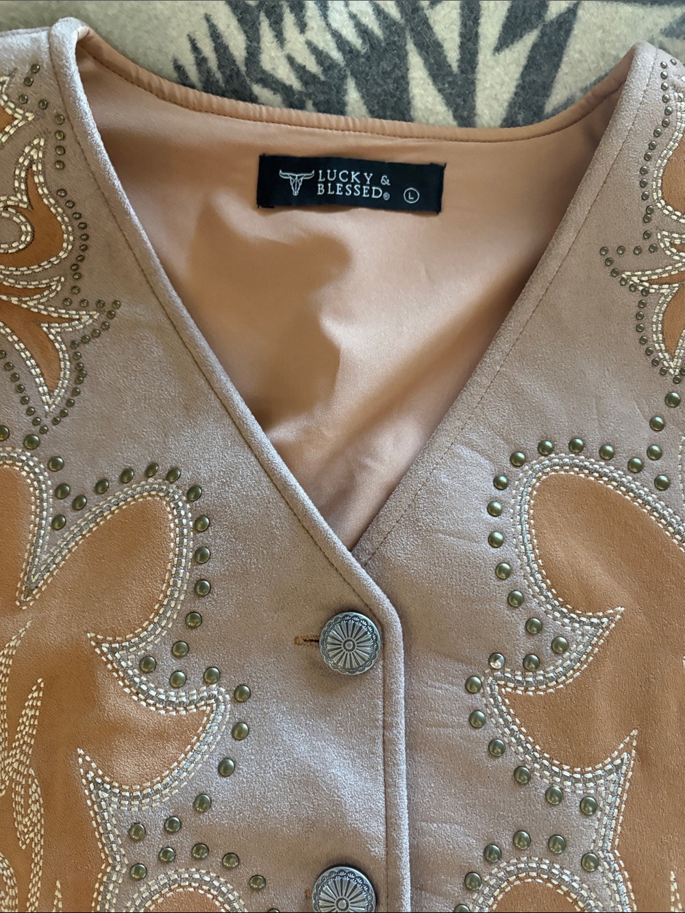 Lucky & Blessed Embellished Boot Stitch Suede Western Vest - Picture 4 of 4